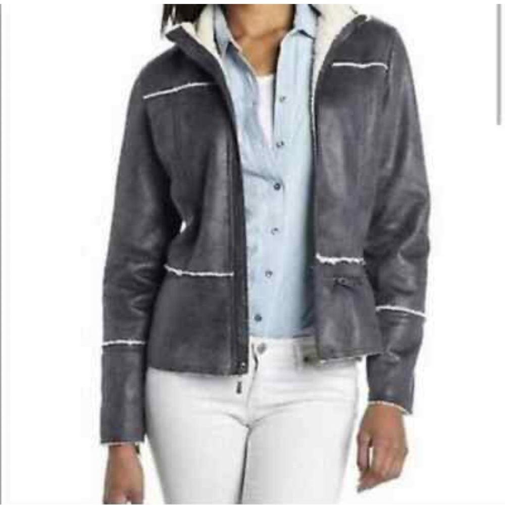 Prana Esme Gray Faux Suede Paneled Sherpa Lined Full Zip Moto Jacket‎ Women's S